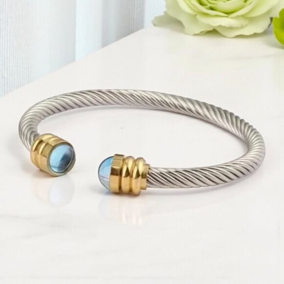 🆕Minimalist Rope Cuff Bangle 18K Gold Plated Stainless Steel Blue Crystals - Picture 8 of 8